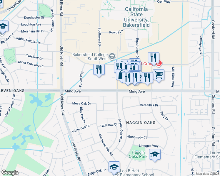 map of restaurants, bars, coffee shops, grocery stores, and more near 9200 Ming Avenue in Bakersfield