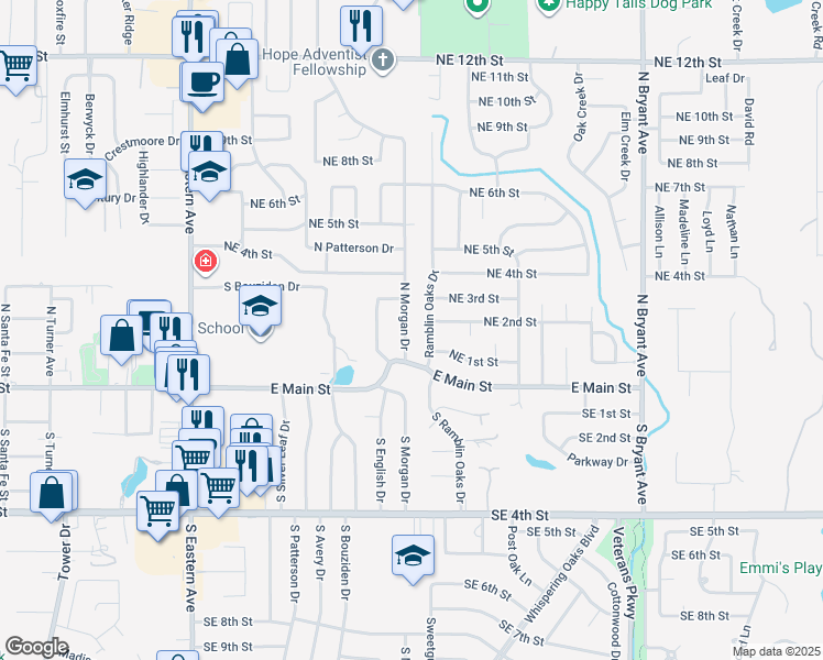 map of restaurants, bars, coffee shops, grocery stores, and more near 220 North Morgan Drive in Moore