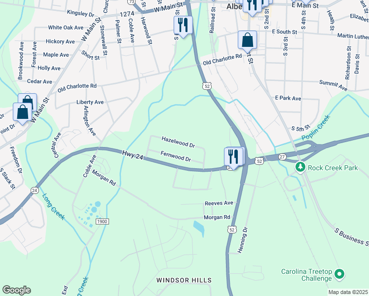 map of restaurants, bars, coffee shops, grocery stores, and more near 609 Hazelwood Drive in Albemarle