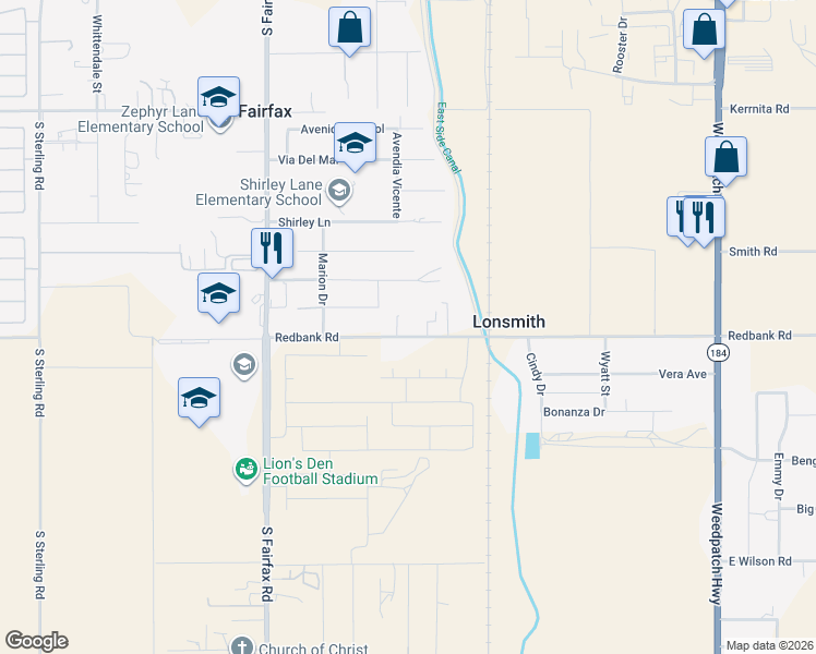 map of restaurants, bars, coffee shops, grocery stores, and more near 5056 Redbank Road in Bakersfield