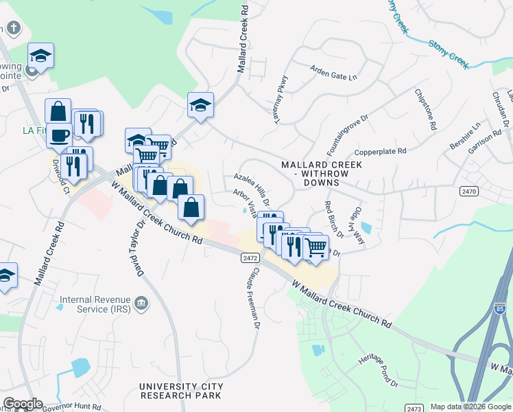 map of restaurants, bars, coffee shops, grocery stores, and more near 2138 Arbor Vista Drive in Charlotte