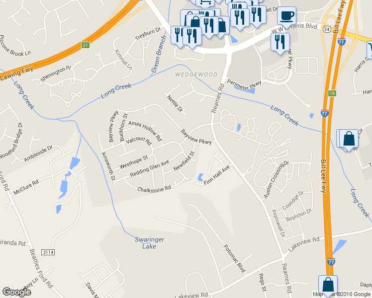 map of restaurants, bars, coffee shops, grocery stores, and more near 9217 Newfield Street in Charlotte