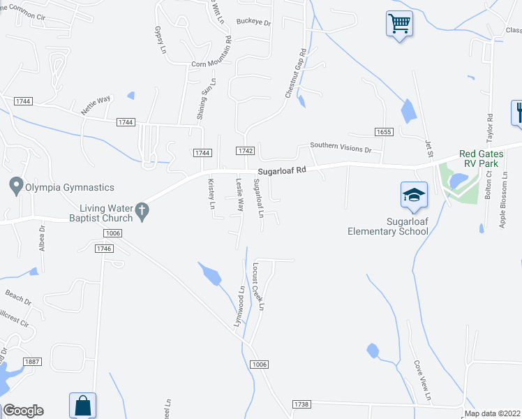 map of restaurants, bars, coffee shops, grocery stores, and more near 7 Sugarloaf Lane in Hendersonville