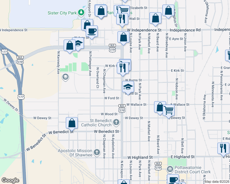 map of restaurants, bars, coffee shops, grocery stores, and more near 537 West Dill Street in Shawnee
