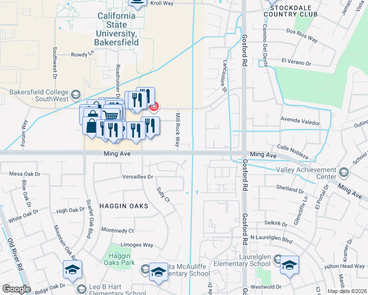 map of restaurants, bars, coffee shops, grocery stores, and more near 1620 Mill Rock Way in Bakersfield