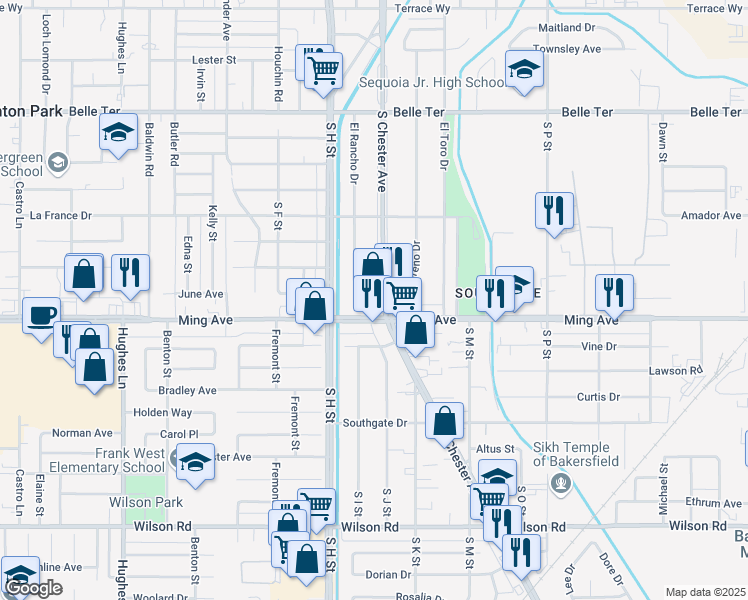 map of restaurants, bars, coffee shops, grocery stores, and more near in Bakersfield