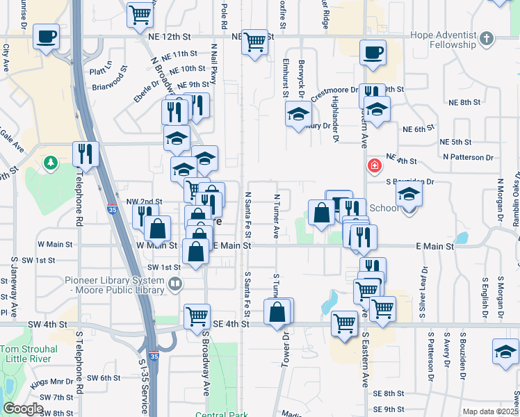 map of restaurants, bars, coffee shops, grocery stores, and more near 214 Northeast 2nd Street in Moore