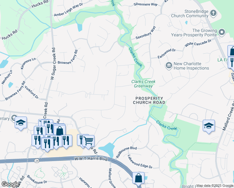 map of restaurants, bars, coffee shops, grocery stores, and more near 12232 Mallard Ridge Drive in Charlotte