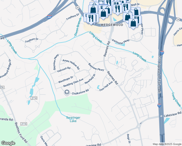 map of restaurants, bars, coffee shops, grocery stores, and more near 9217 Newfield Street in Charlotte