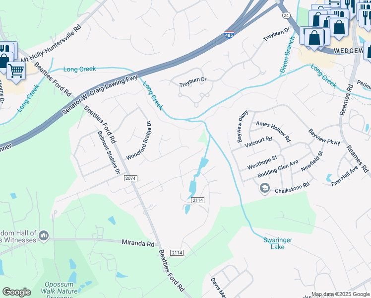 map of restaurants, bars, coffee shops, grocery stores, and more near 7803 Ambleside Drive in Charlotte