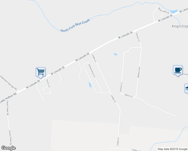 map of restaurants, bars, coffee shops, grocery stores, and more near Williamsburg Circle in Tullahoma