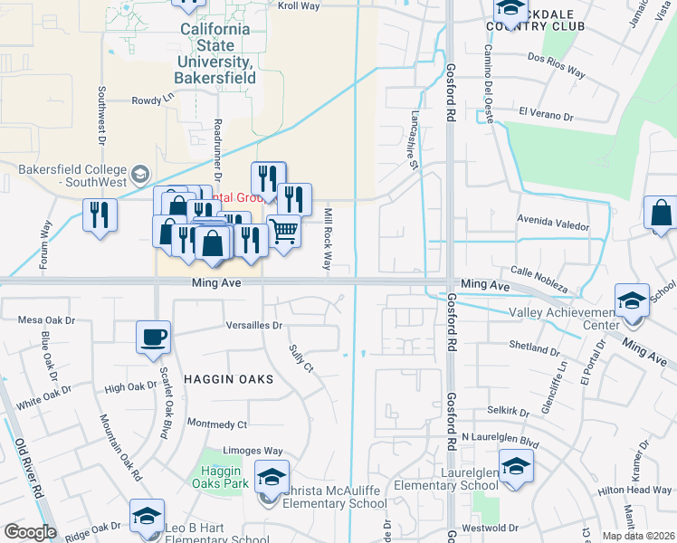 map of restaurants, bars, coffee shops, grocery stores, and more near 1620 Mill Rock Way in Bakersfield