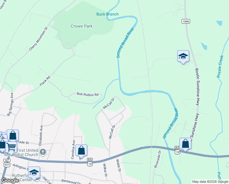 map of restaurants, bars, coffee shops, grocery stores, and more near 412 McCall Drive in Forest City