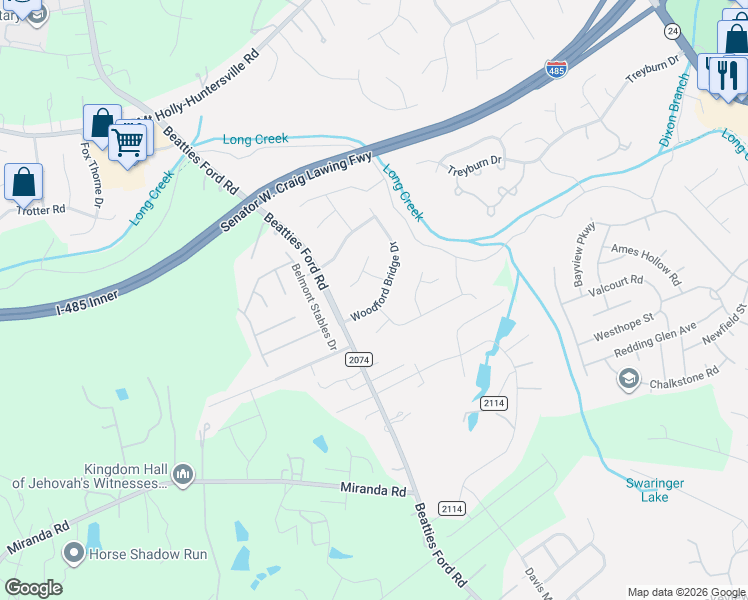 map of restaurants, bars, coffee shops, grocery stores, and more near 8325 Woodford Bridge Drive in Charlotte