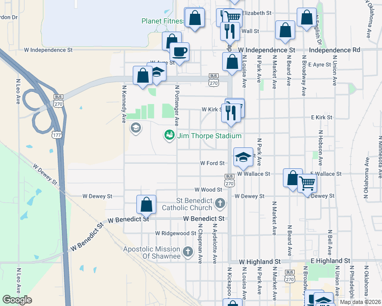 map of restaurants, bars, coffee shops, grocery stores, and more near 609 West Dill Street in Shawnee