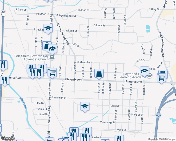 map of restaurants, bars, coffee shops, grocery stores, and more near 2511 Osage Street in Fort Smith