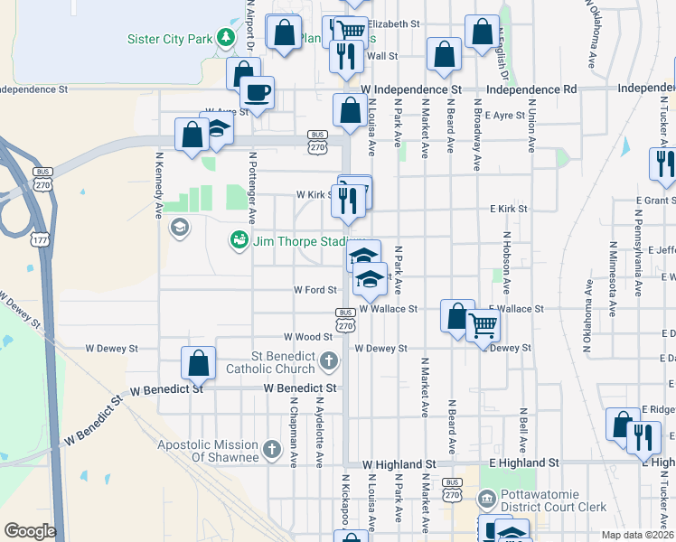 map of restaurants, bars, coffee shops, grocery stores, and more near 838 North Kickapoo Street in Shawnee