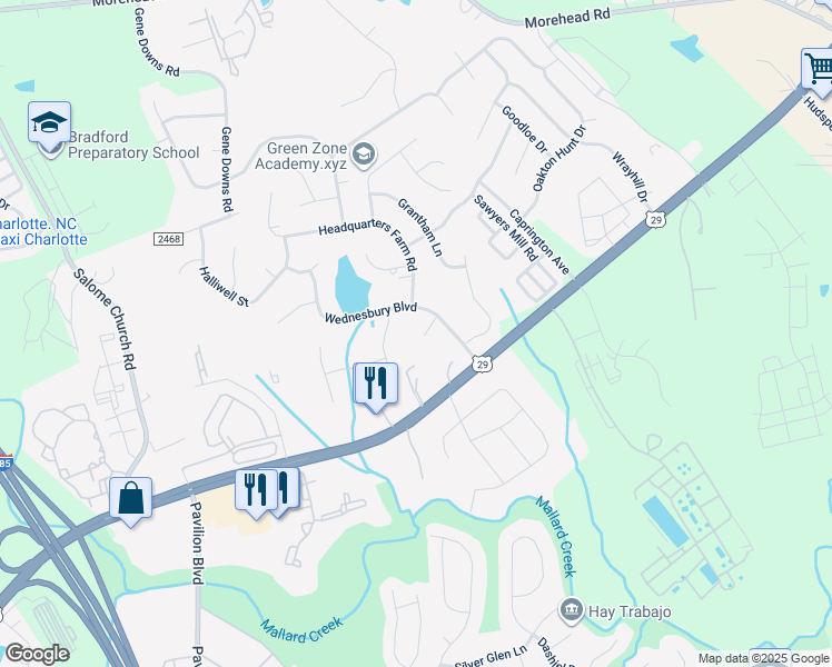 map of restaurants, bars, coffee shops, grocery stores, and more near 12105 Barwen Court in Charlotte
