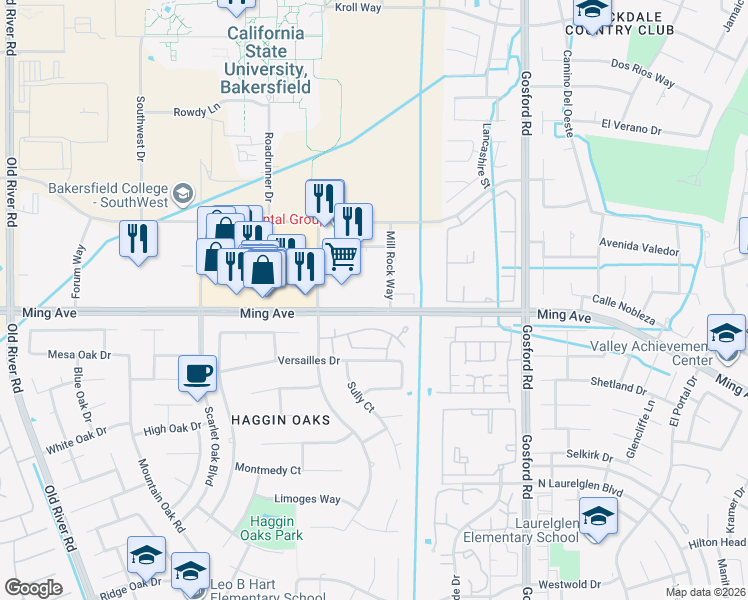 map of restaurants, bars, coffee shops, grocery stores, and more near 8500 Ming Avenue in Bakersfield