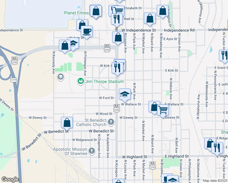map of restaurants, bars, coffee shops, grocery stores, and more near 838 North Kickapoo Avenue in Shawnee