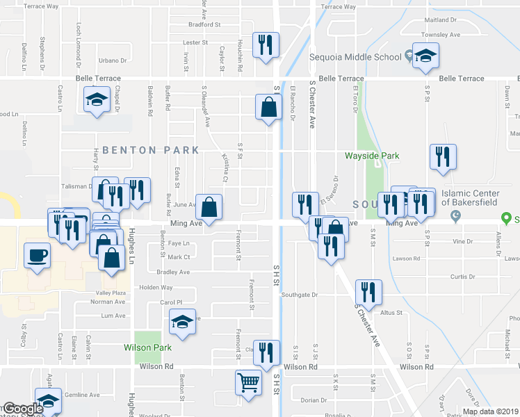 map of restaurants, bars, coffee shops, grocery stores, and more near 1807 June Avenue in Bakersfield