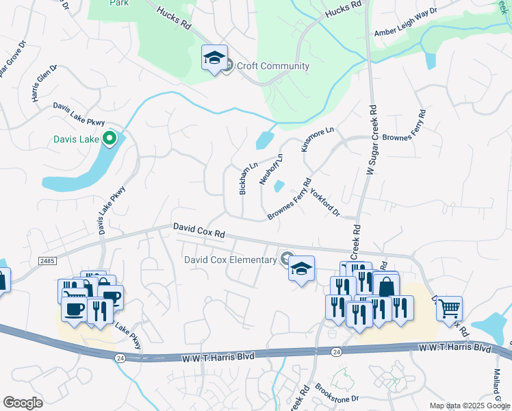 map of restaurants, bars, coffee shops, grocery stores, and more near 6708 Bickham Lane in Charlotte