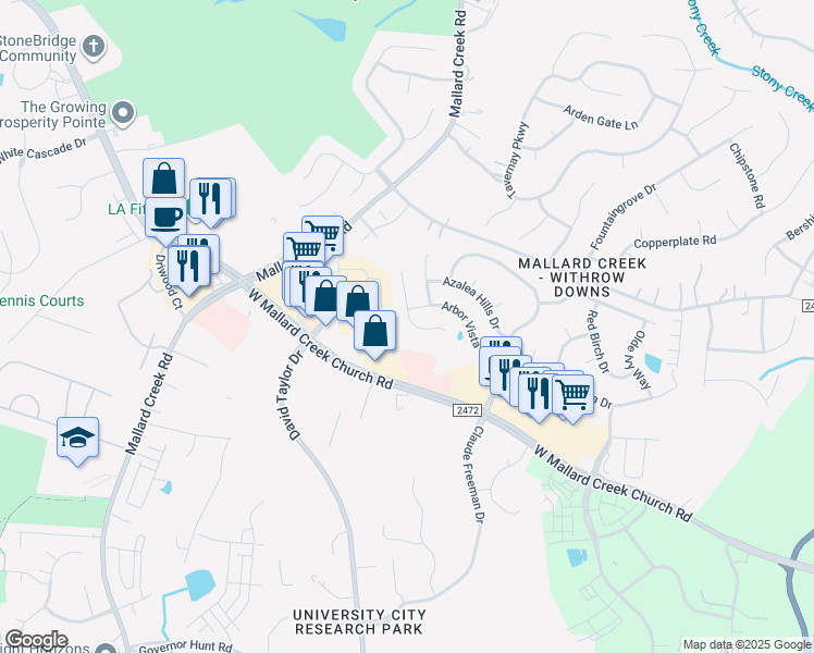 map of restaurants, bars, coffee shops, grocery stores, and more near 11216 Cypress View Drive in Charlotte