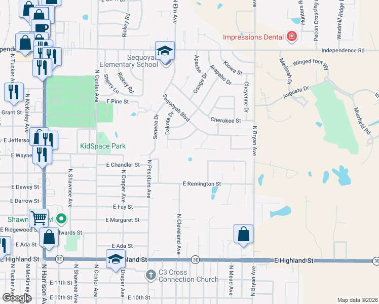 map of restaurants, bars, coffee shops, grocery stores, and more near 15 Mohican Circle in Shawnee