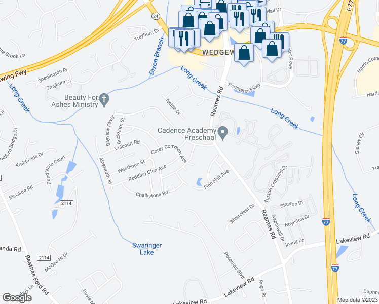 map of restaurants, bars, coffee shops, grocery stores, and more near 9225 Newfield Street in Charlotte