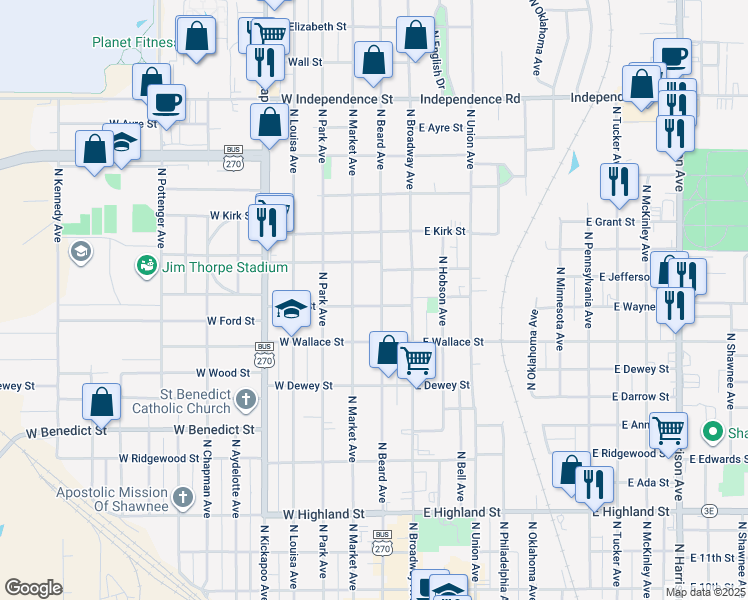 map of restaurants, bars, coffee shops, grocery stores, and more near 906 North Beard Avenue in Shawnee