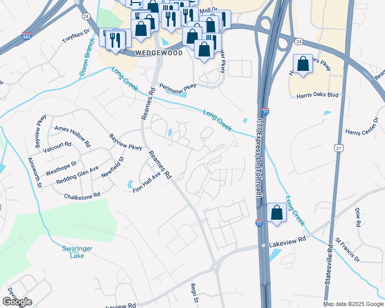 map of restaurants, bars, coffee shops, grocery stores, and more near 9840 Longview Club Lane in Charlotte