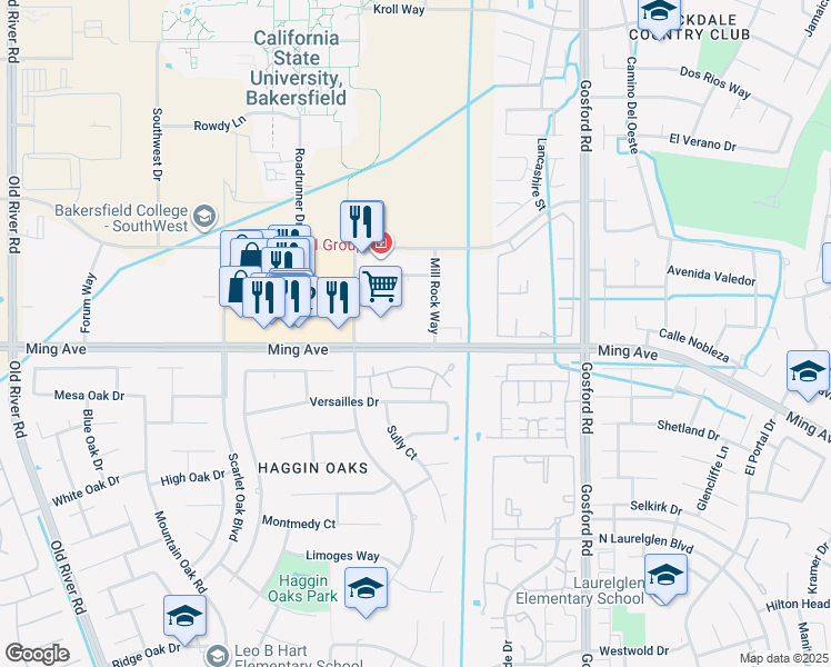 map of restaurants, bars, coffee shops, grocery stores, and more near 8500 Ming Avenue in Bakersfield