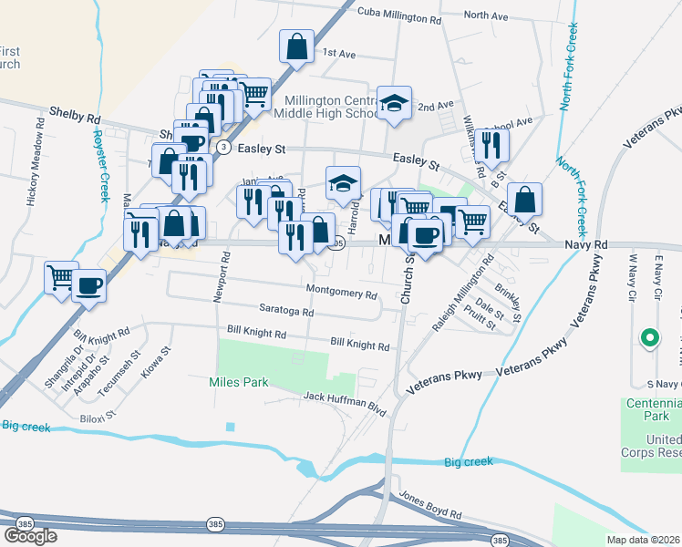 map of restaurants, bars, coffee shops, grocery stores, and more near 4866 Montgomery Road in Millington