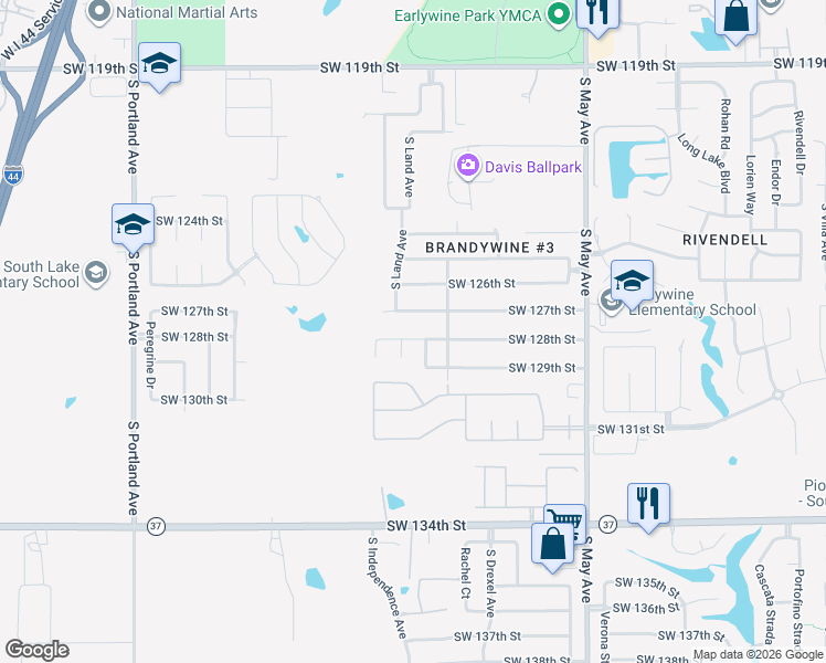 map of restaurants, bars, coffee shops, grocery stores, and more near 3121 Southwest 128th Street in Oklahoma City