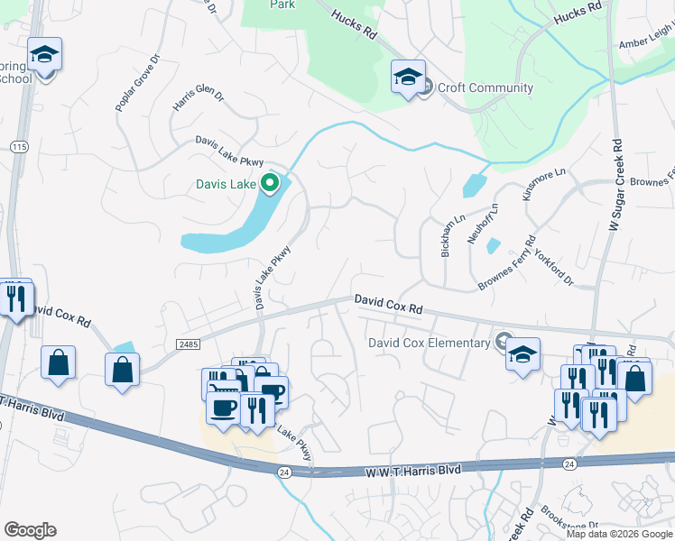 map of restaurants, bars, coffee shops, grocery stores, and more near 4710 David Cox Road in Charlotte