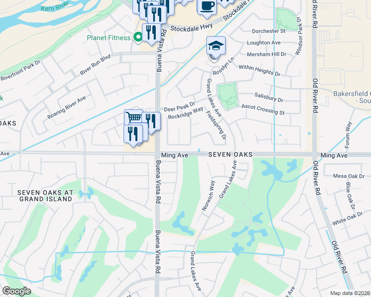 map of restaurants, bars, coffee shops, grocery stores, and more near 11009 Danecroft Way in Bakersfield
