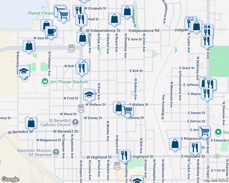 map of restaurants, bars, coffee shops, grocery stores, and more near 906 North Beard Avenue in Shawnee