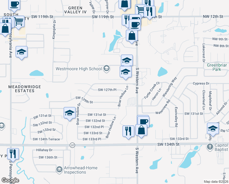 map of restaurants, bars, coffee shops, grocery stores, and more near 1013 Southwest 128th Street in Oklahoma City