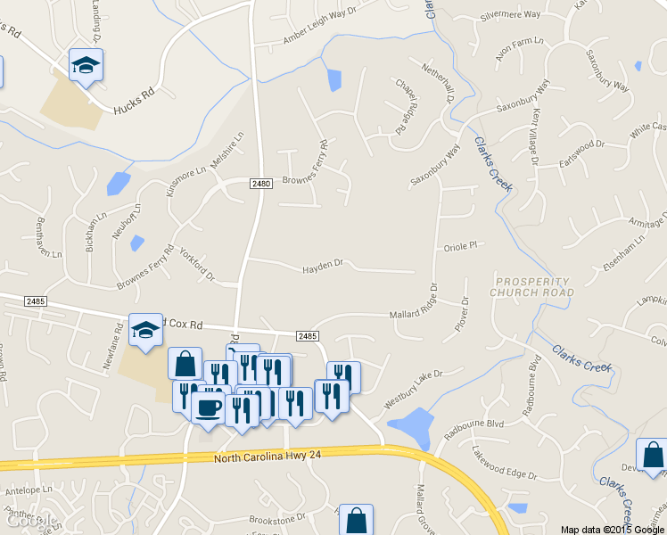 map of restaurants, bars, coffee shops, grocery stores, and more near 3617 Hayden Drive in Charlotte