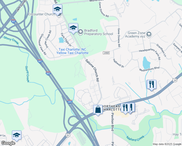 map of restaurants, bars, coffee shops, grocery stores, and more near 2105 State Road 2469 in Charlotte
