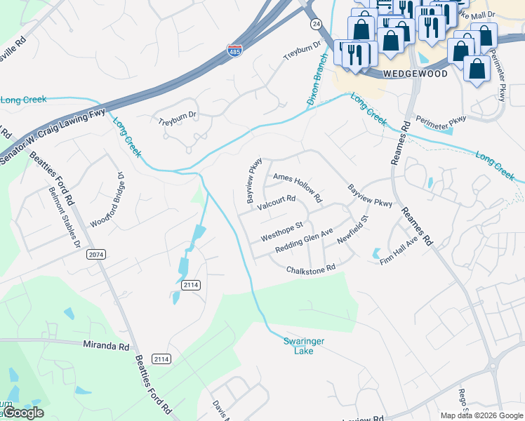map of restaurants, bars, coffee shops, grocery stores, and more near 5305 Valcourt Road in Charlotte