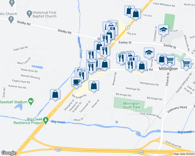 map of restaurants, bars, coffee shops, grocery stores, and more near 4605 Doris Circle South in Millington