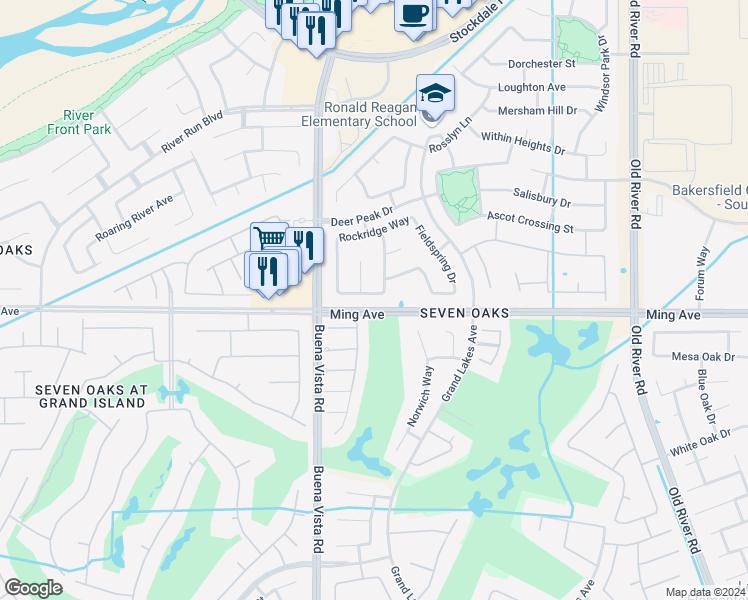map of restaurants, bars, coffee shops, grocery stores, and more near 11009 Danecroft Way in Bakersfield