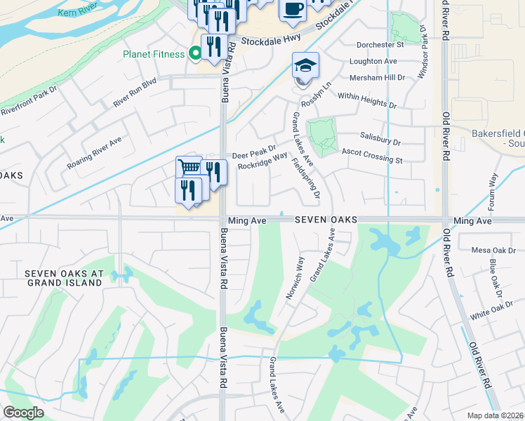 map of restaurants, bars, coffee shops, grocery stores, and more near 11009 Danecroft Way in Bakersfield
