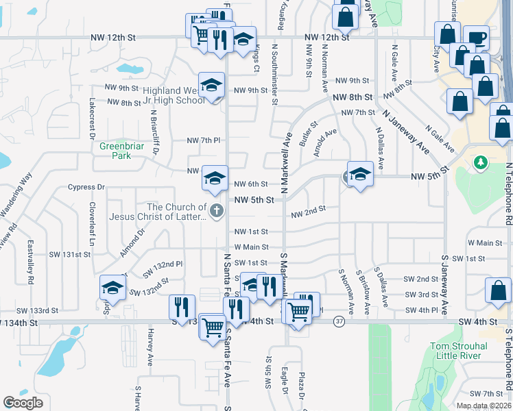 map of restaurants, bars, coffee shops, grocery stores, and more near 1033 Northwest 2nd Street in Moore