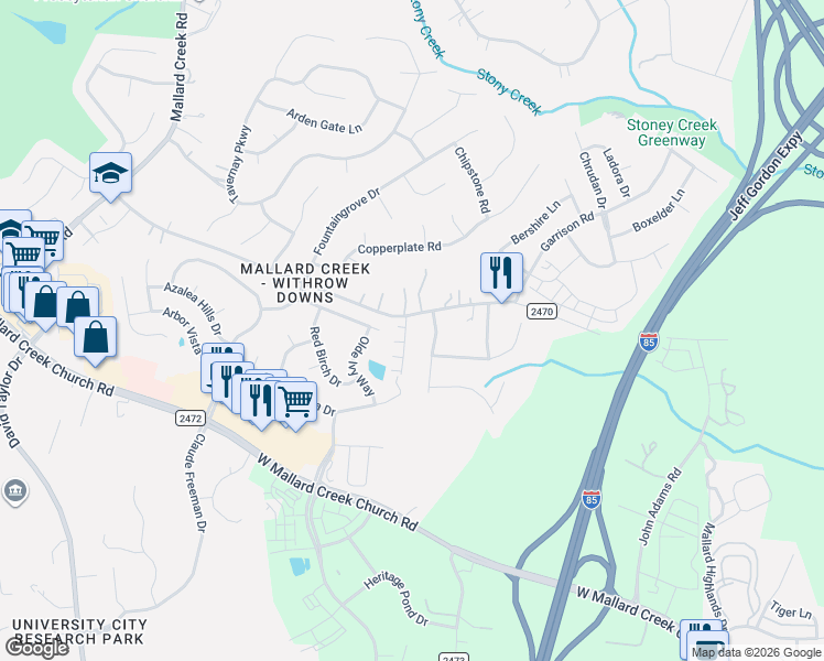 map of restaurants, bars, coffee shops, grocery stores, and more near 10229 Claybrooke Drive in Charlotte