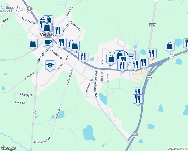 map of restaurants, bars, coffee shops, grocery stores, and more near 109 Vass-Carthage Road in Carthage