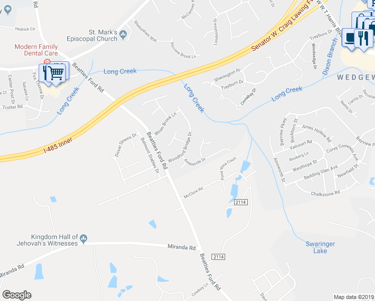 map of restaurants, bars, coffee shops, grocery stores, and more near 8400 Woodford Bridge Drive in Charlotte