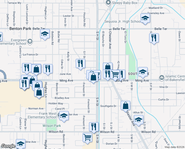 map of restaurants, bars, coffee shops, grocery stores, and more near 1807 June Avenue in Bakersfield