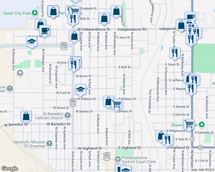 map of restaurants, bars, coffee shops, grocery stores, and more near 828 North Bdwy in Shawnee
